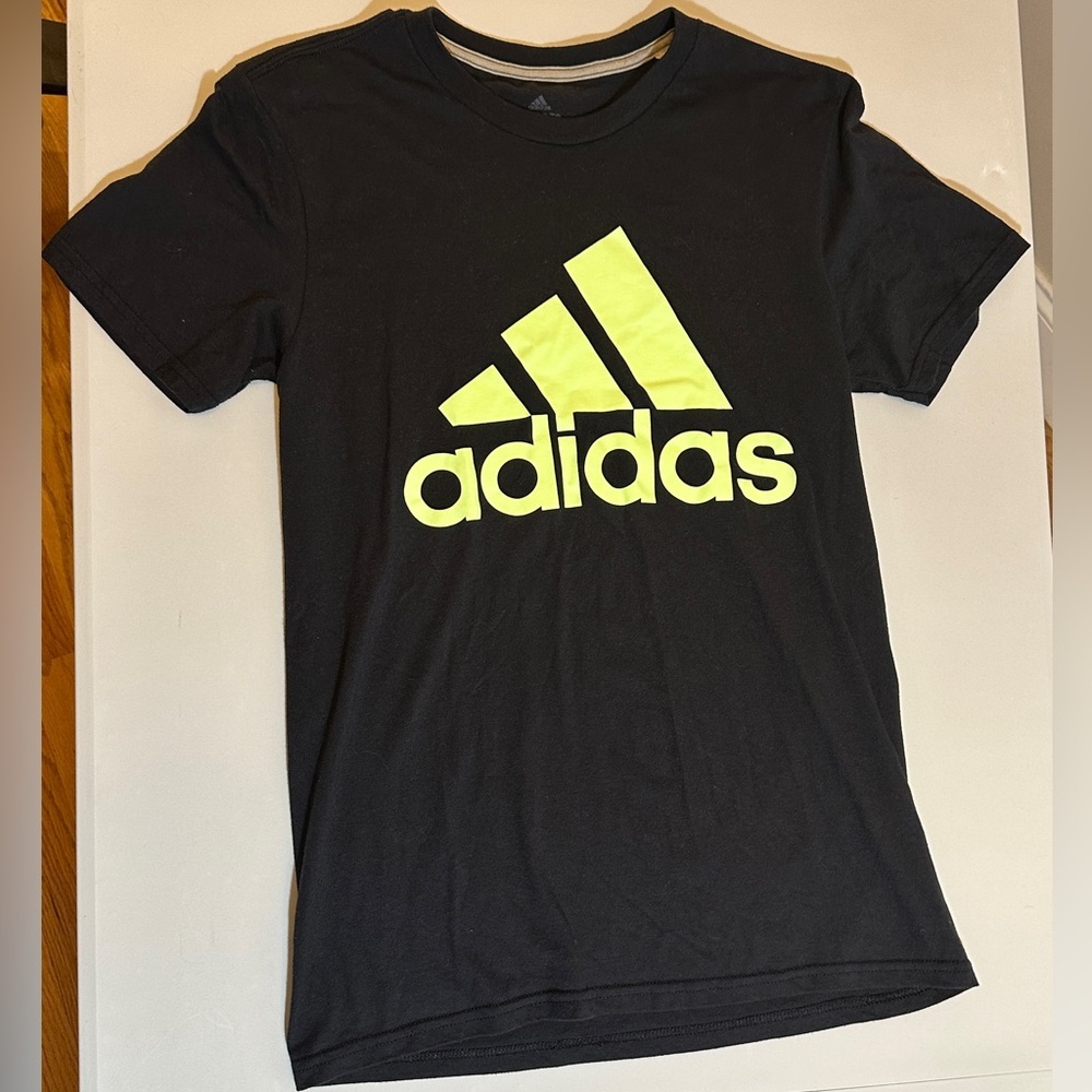 adidas Black Tee with Neon Yellow Logo - Short Sleeve